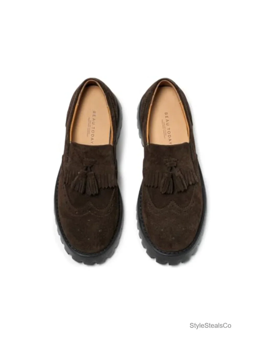 Genuine Cow Suede Chunky Loafers with Tassel Brogue Design - 1.97in Block Heel